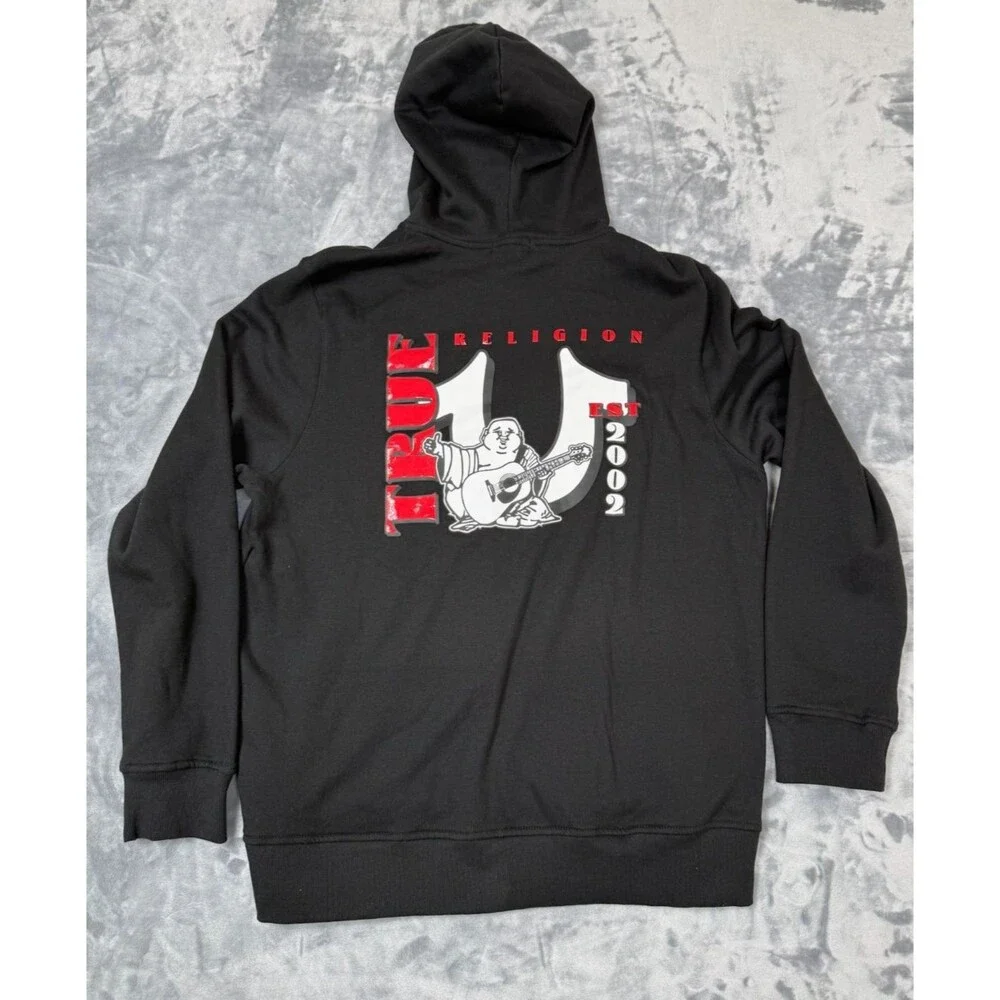 True Religion Jet Black Big U Silicone Zip Hoodie Extra Large Full Zip Mens NWT